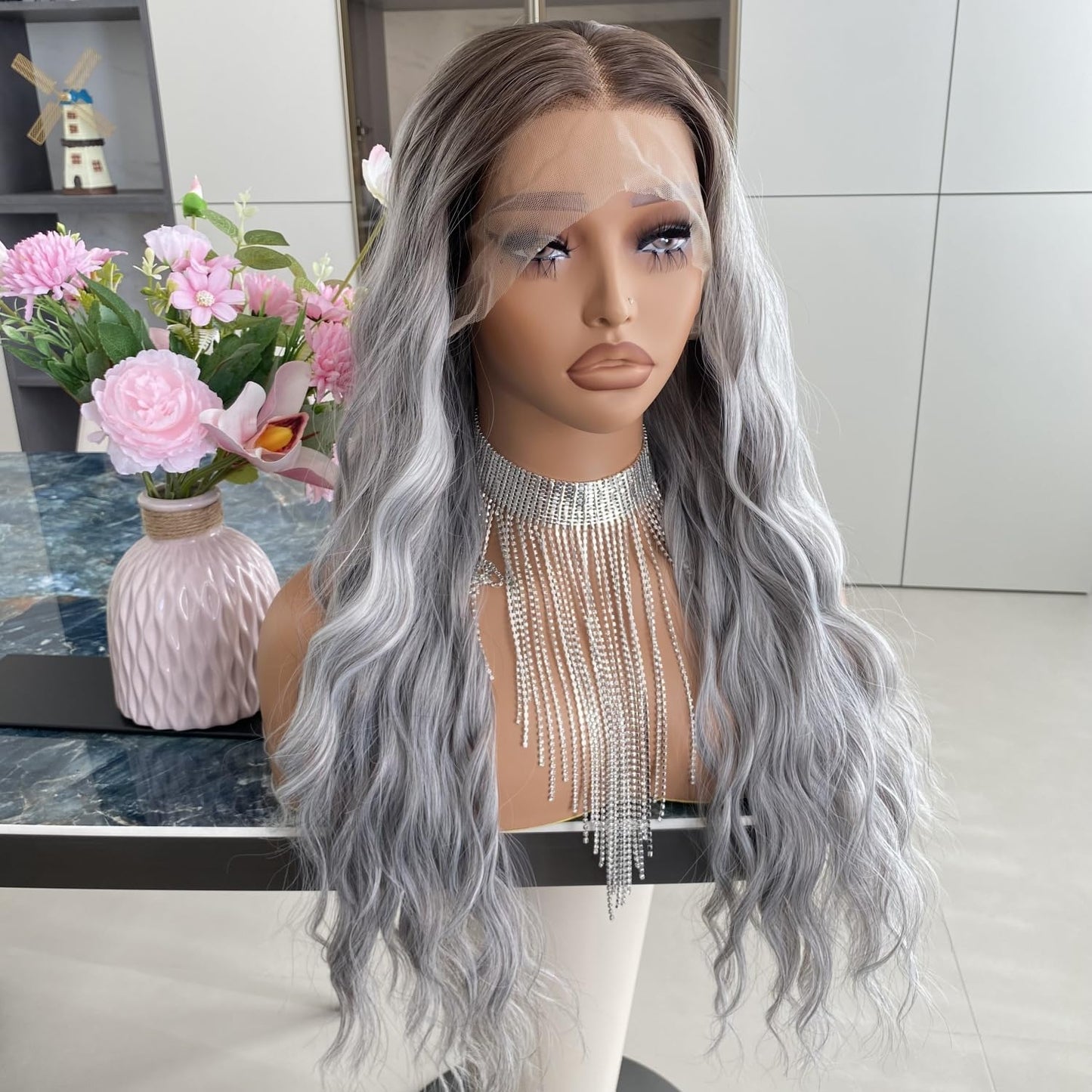 Platinum Brown with Blonde Wig Highlight 13x4 Lace Front Wigs Loose Body Wave Synthetic Fiber Pre Plucked 18Inch for Women