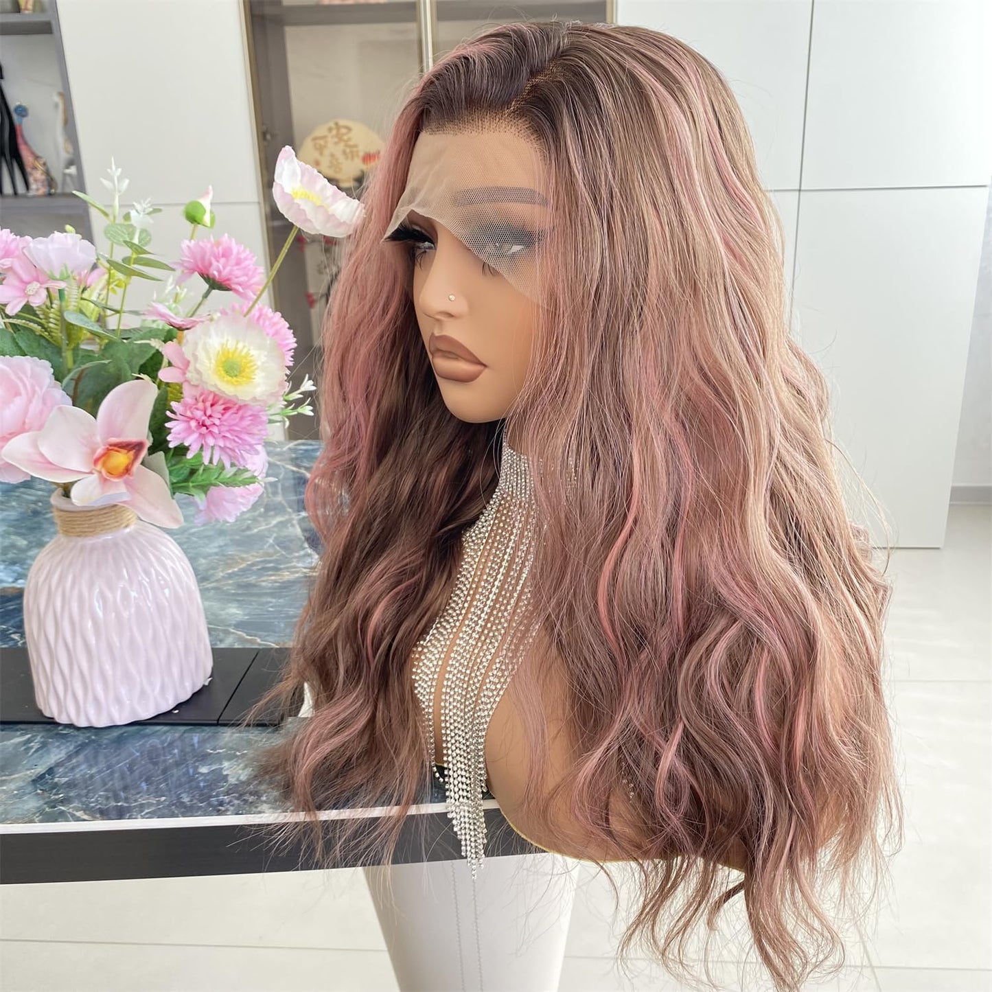 Platinum Brown with Blonde Wig Highlight 13x4 Lace Front Wigs Loose Body Wave Synthetic Fiber Pre Plucked 18Inch for Women