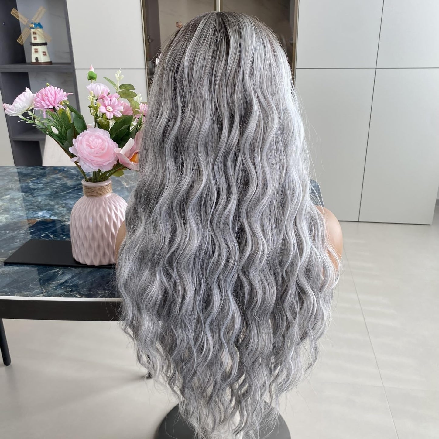 Platinum Brown with Blonde Wig Highlight 13x4 Lace Front Wigs Loose Body Wave Synthetic Fiber Pre Plucked 18Inch for Women