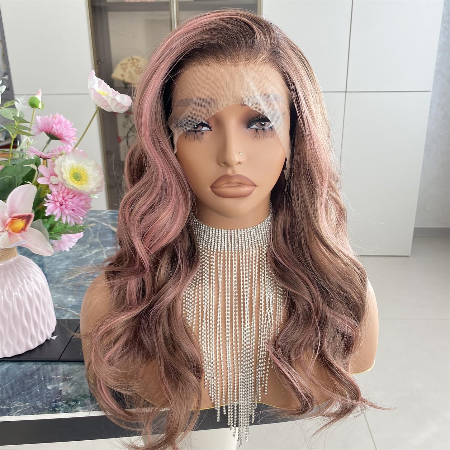 Platinum Brown with Blonde Wig Highlight 13x4 Lace Front Wigs Loose Body Wave Synthetic Fiber Pre Plucked 18Inch for Women