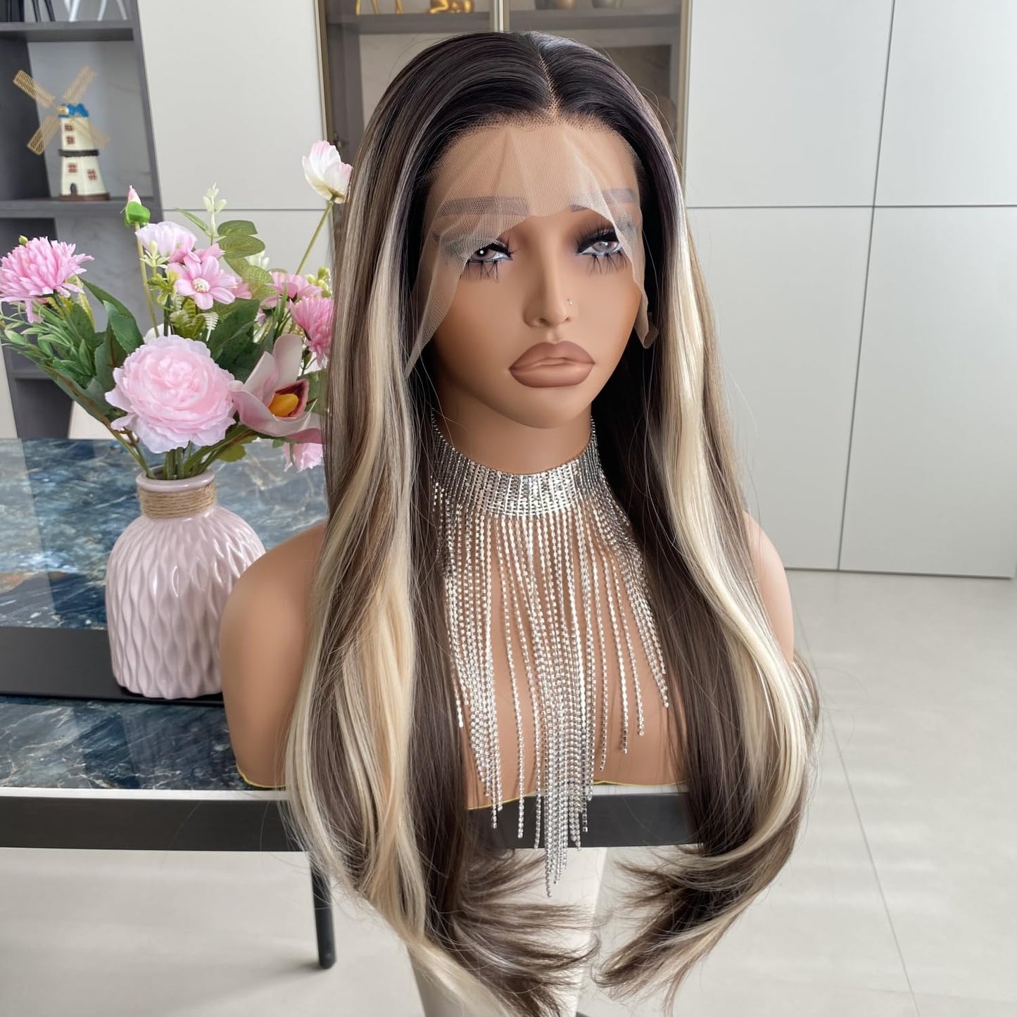 Platinum Brown with Blonde Wig Highlight 13x4 Lace Front Wigs Loose Body Wave Synthetic Fiber Pre Plucked 18Inch for Women
