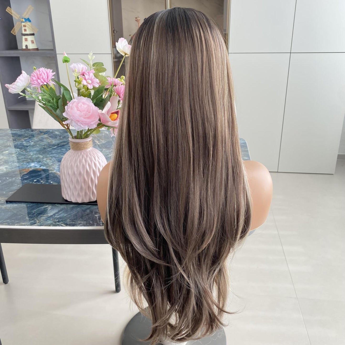 Platinum Brown with Blonde Wig Highlight 13x4 Lace Front Wigs Loose Body Wave Synthetic Fiber Pre Plucked 18Inch for Women