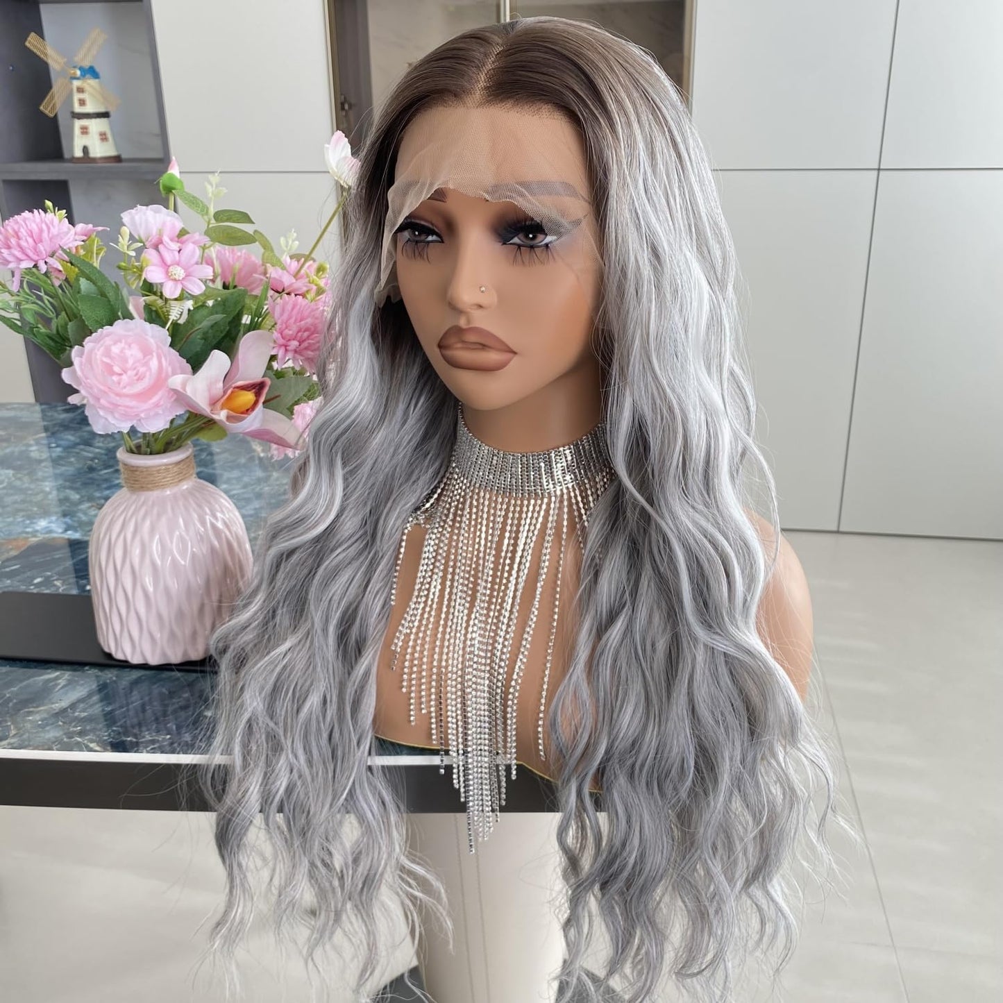 Platinum Brown with Blonde Wig Highlight 13x4 Lace Front Wigs Loose Body Wave Synthetic Fiber Pre Plucked 18Inch for Women