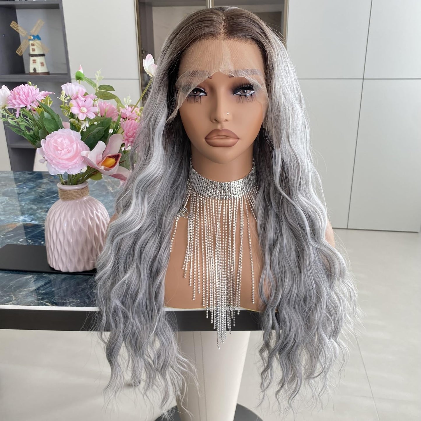 Platinum Brown with Blonde Wig Highlight 13x4 Lace Front Wigs Loose Body Wave Synthetic Fiber Pre Plucked 18Inch for Women