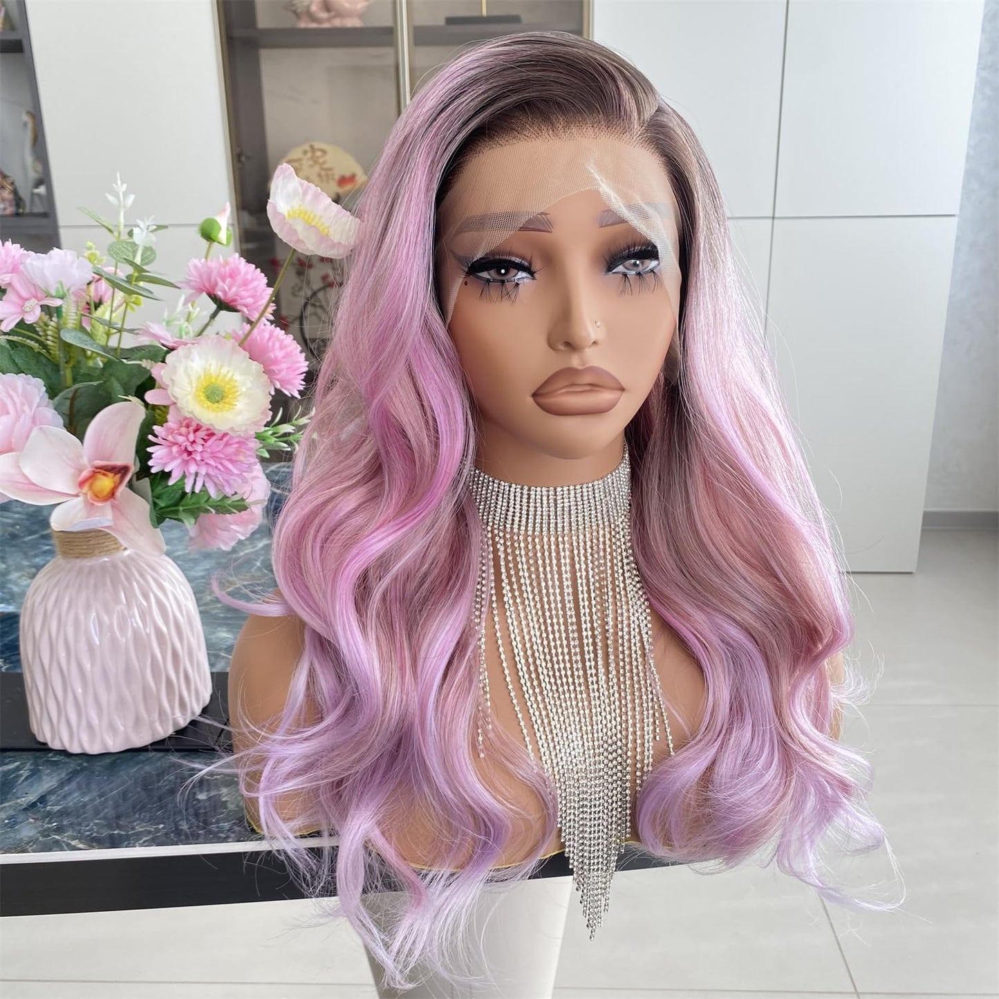 Platinum Brown with Blonde Wig Highlight 13x4 Lace Front Wigs Loose Body Wave Synthetic Fiber Pre Plucked 18Inch for Women