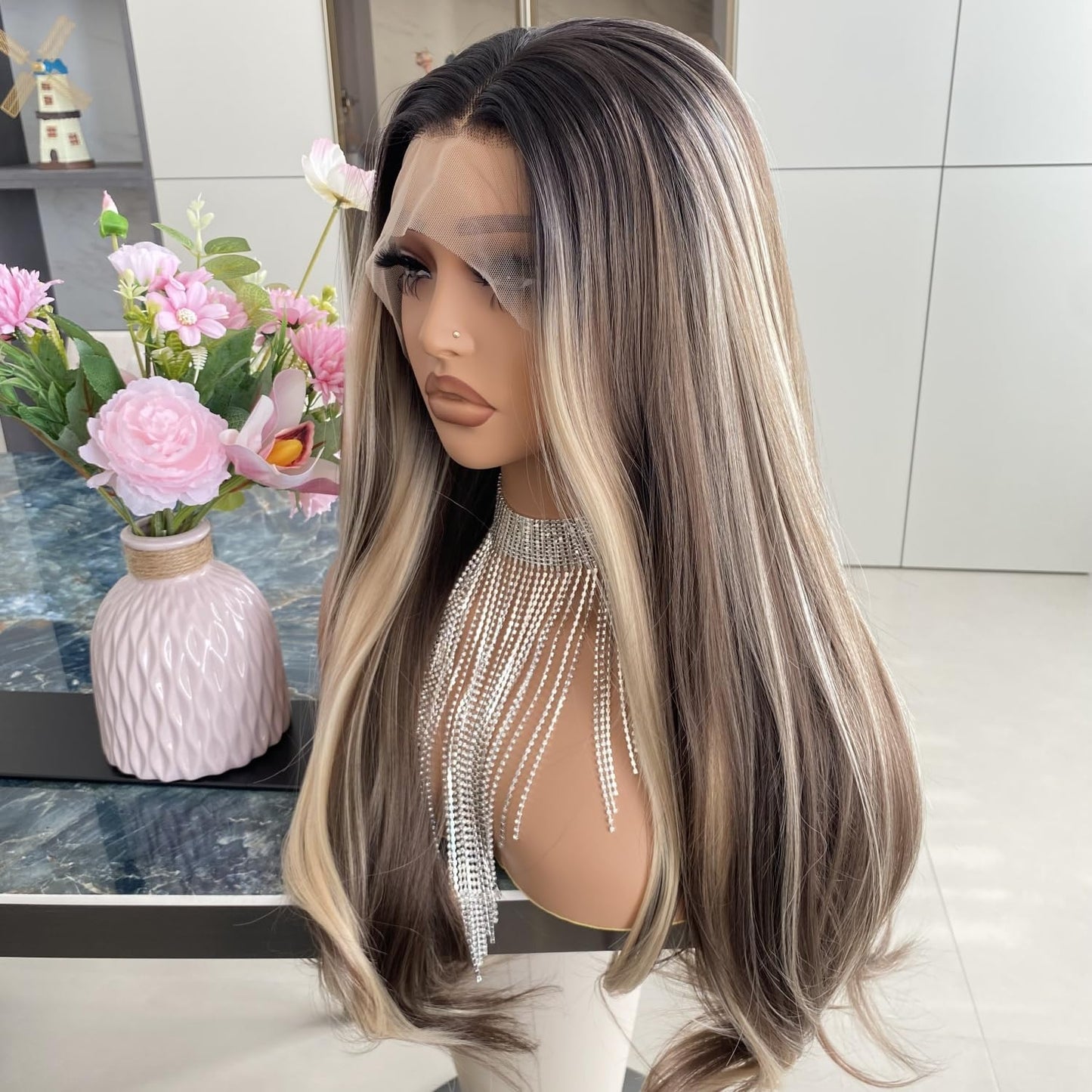 Platinum Brown with Blonde Wig Highlight 13x4 Lace Front Wigs Loose Body Wave Synthetic Fiber Pre Plucked 18Inch for Women
