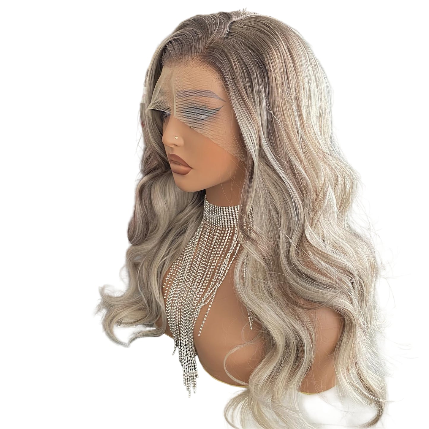 Platinum Brown with Blonde Wig Highlight 13x4 Lace Front Wigs Loose Body Wave Synthetic Fiber Pre Plucked 18Inch for Women