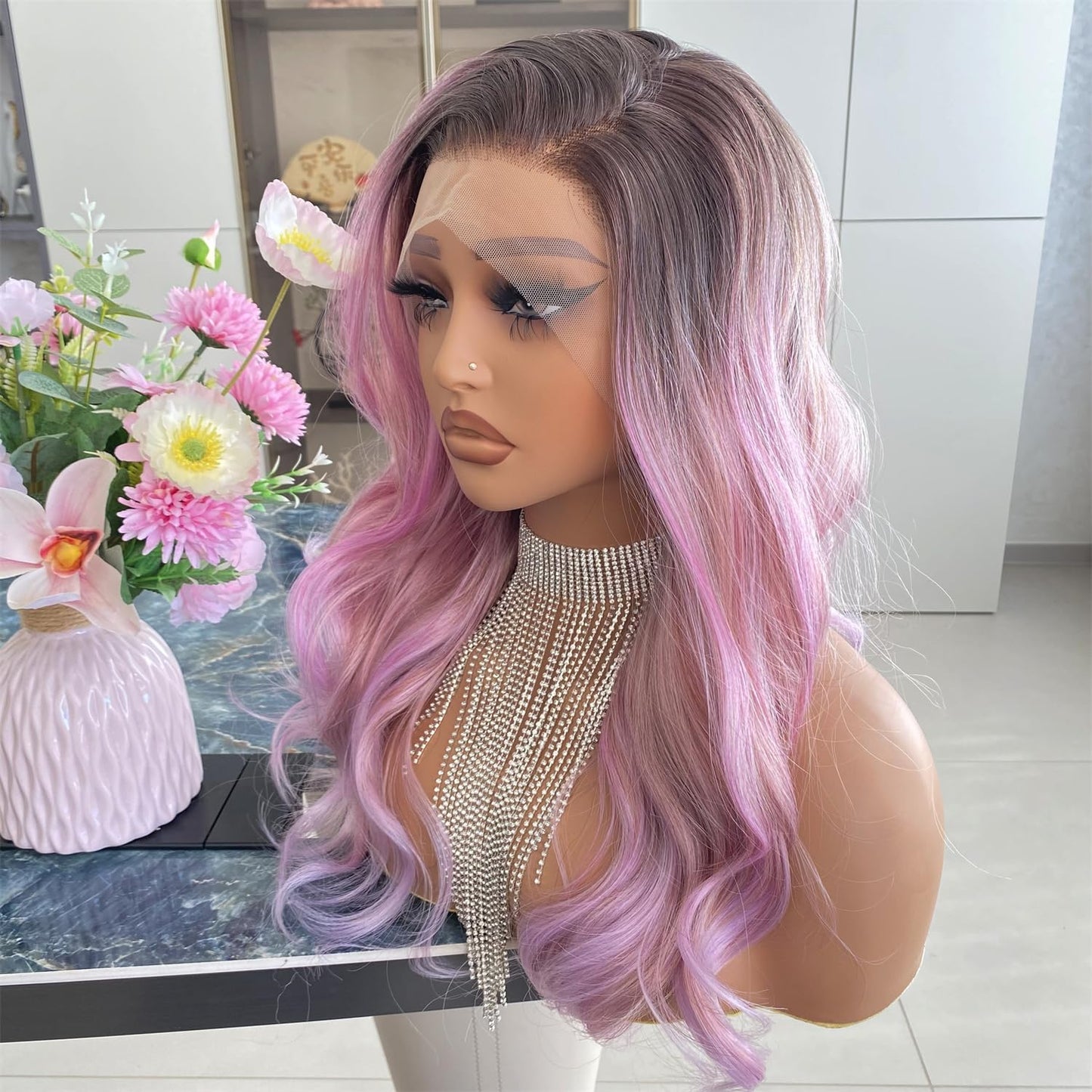 Platinum Brown with Blonde Wig Highlight 13x4 Lace Front Wigs Loose Body Wave Synthetic Fiber Pre Plucked 18Inch for Women