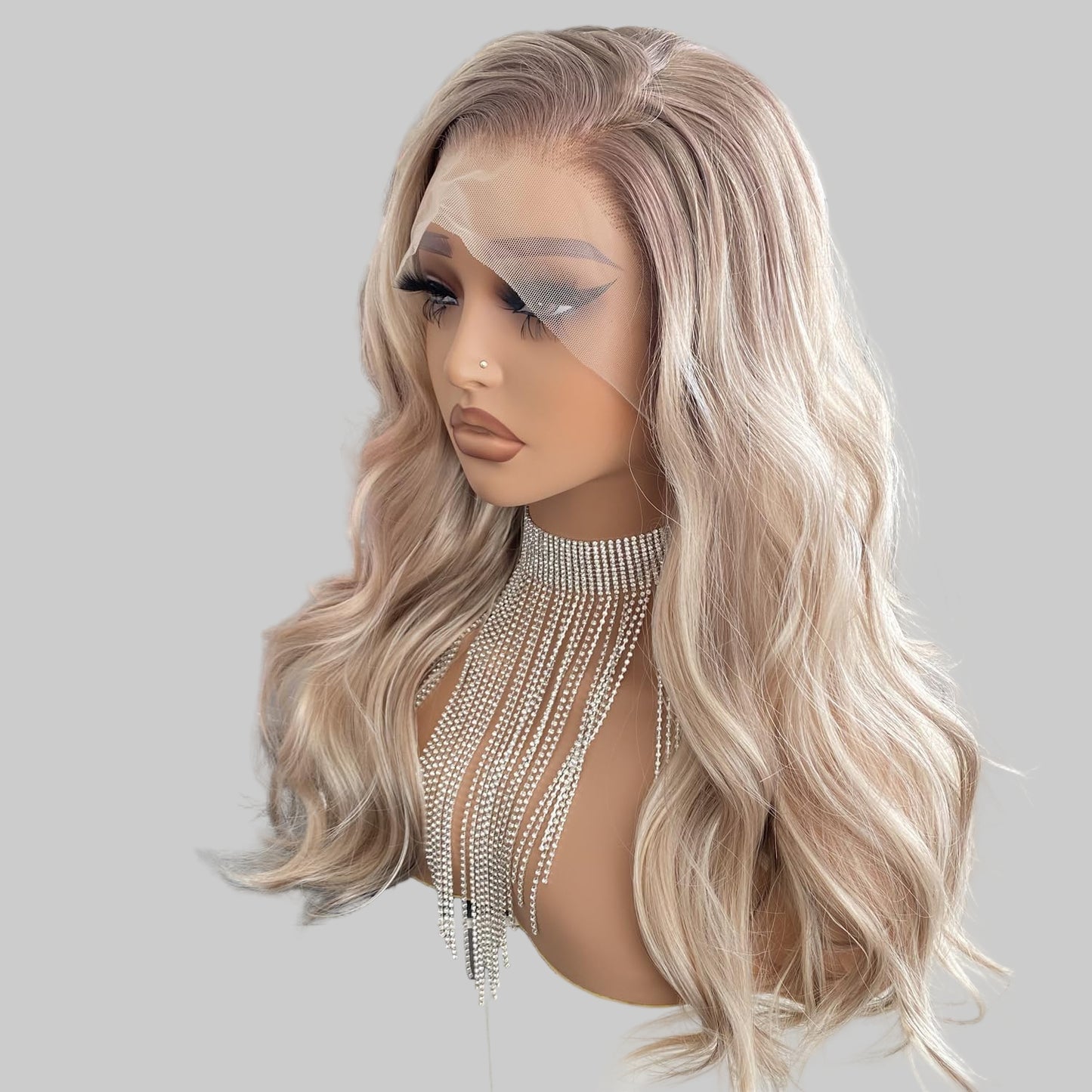 Platinum Brown with Blonde Wig Highlight 13x4 Lace Front Wigs Loose Body Wave Synthetic Fiber Pre Plucked 18Inch for Women