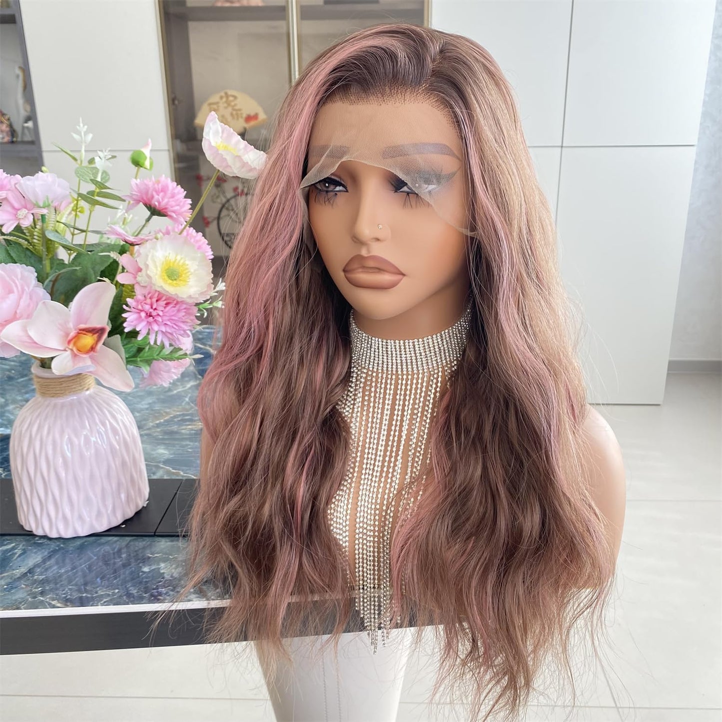 Platinum Brown with Blonde Wig Highlight 13x4 Lace Front Wigs Loose Body Wave Synthetic Fiber Pre Plucked 18Inch for Women