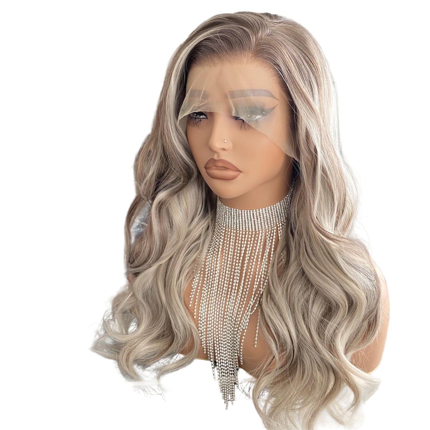 Platinum Brown with Blonde Wig Highlight 13x4 Lace Front Wigs Loose Body Wave Synthetic Fiber Pre Plucked 18Inch for Women