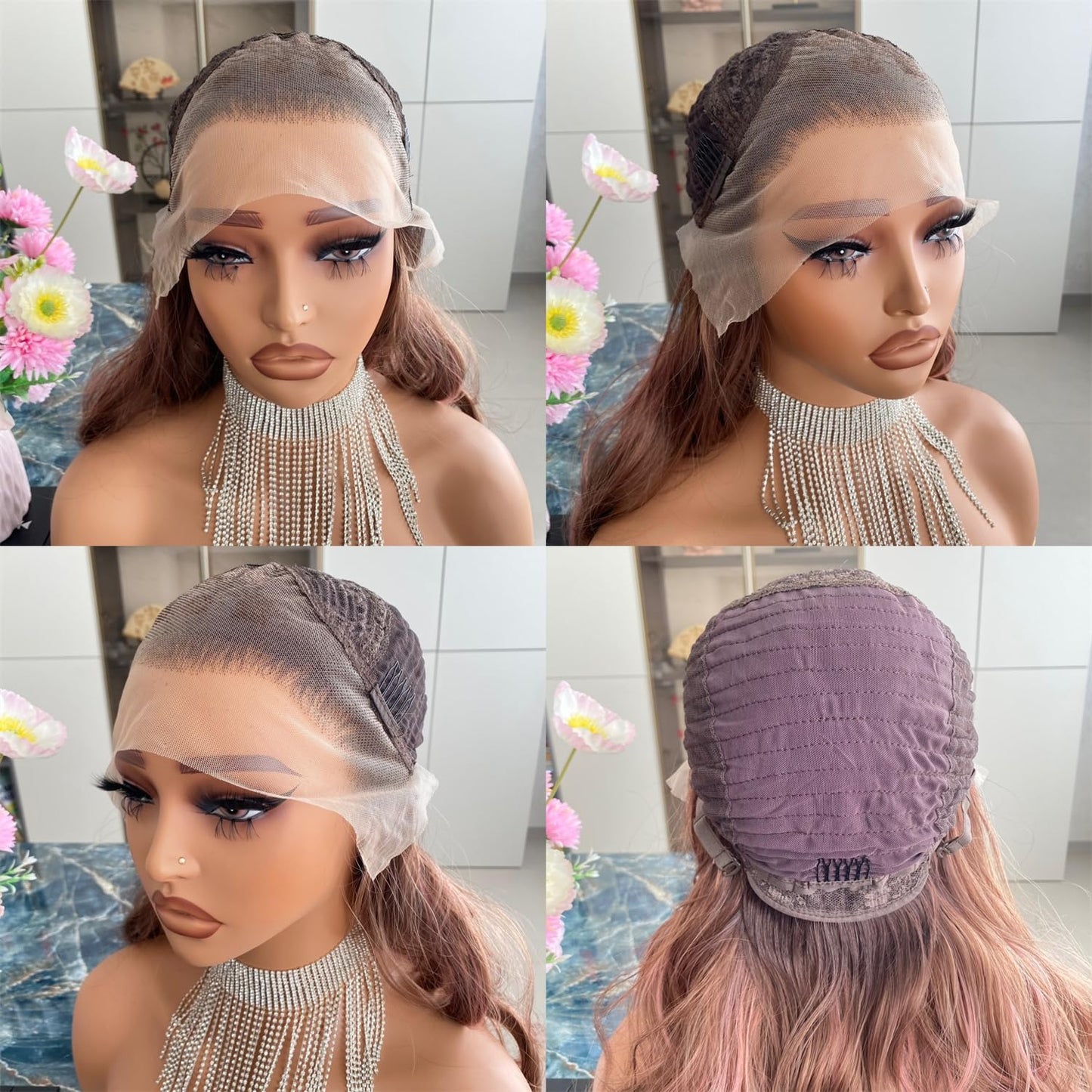 Platinum Brown with Blonde Wig Highlight 13x4 Lace Front Wigs Loose Body Wave Synthetic Fiber Pre Plucked 18Inch for Women