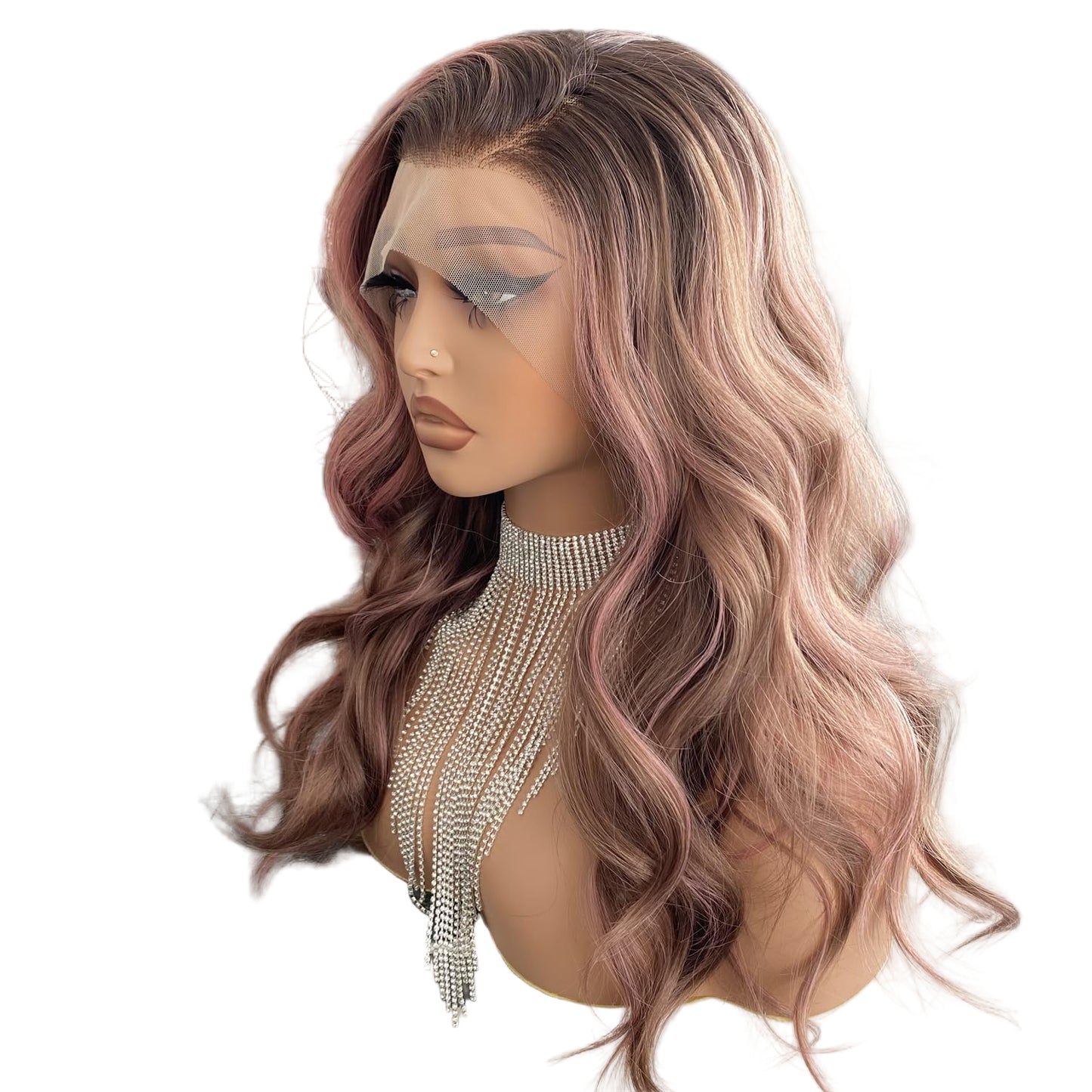 Platinum Brown with Blonde Wig Highlight 13x4 Lace Front Wigs Loose Body Wave Synthetic Fiber Pre Plucked 18Inch for Women