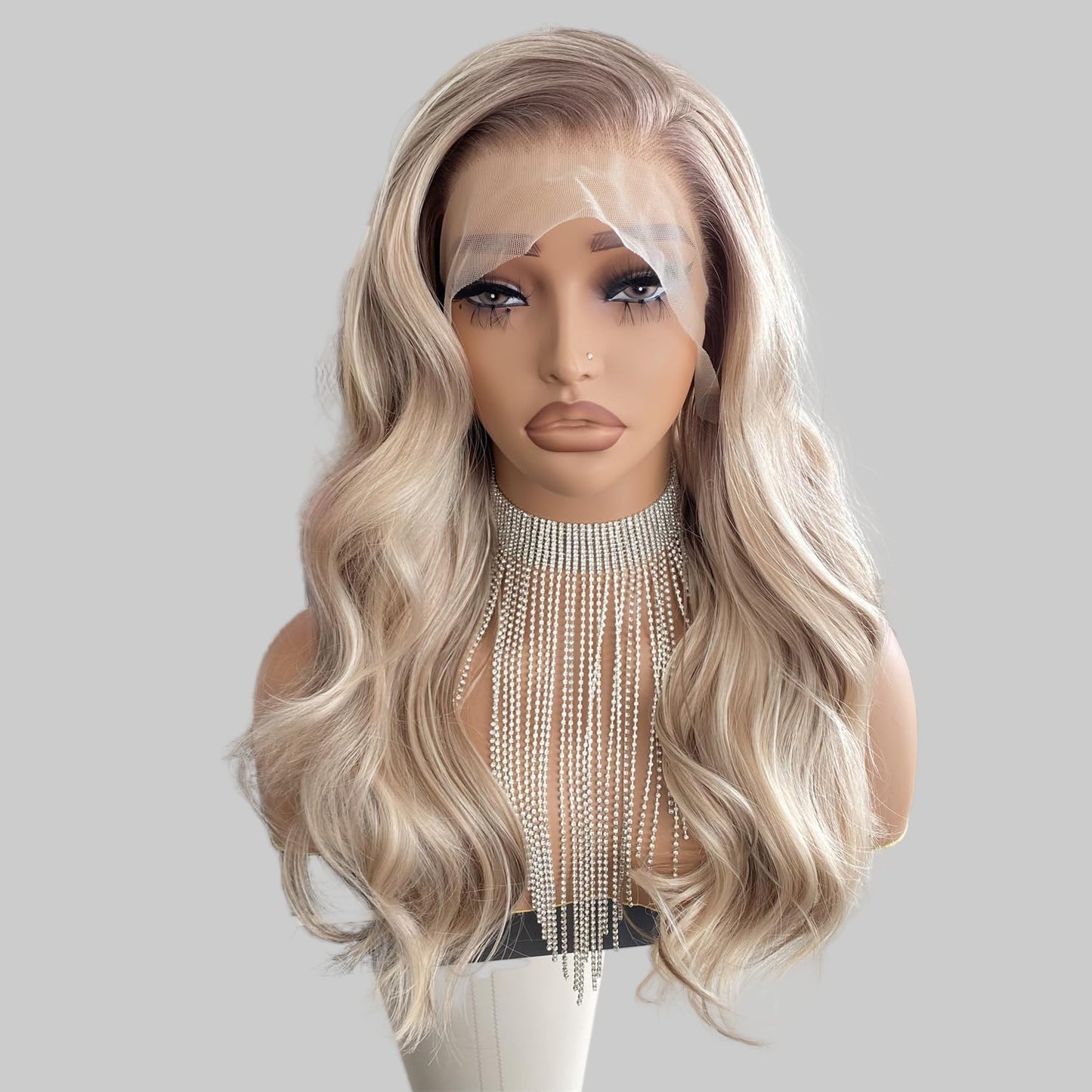 Platinum Brown with Blonde Wig Highlight 13x4 Lace Front Wigs Loose Body Wave Synthetic Fiber Pre Plucked 18Inch for Women