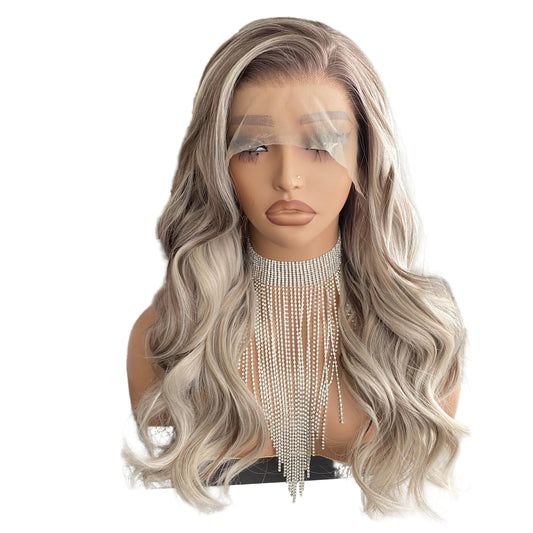 Platinum Brown with Blonde Wig Highlight 13x4 Lace Front Wigs Loose Body Wave Synthetic Fiber Pre Plucked 18Inch for Women