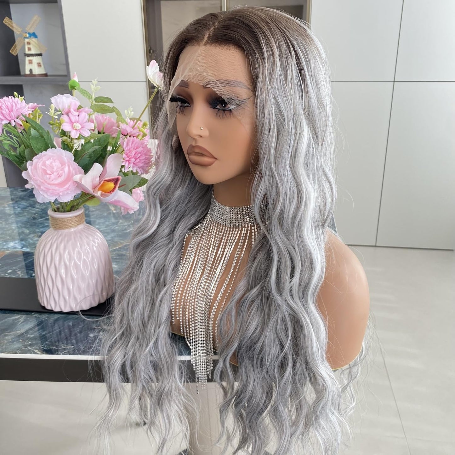 Platinum Brown with Blonde Wig Highlight 13x4 Lace Front Wigs Loose Body Wave Synthetic Fiber Pre Plucked 18Inch for Women