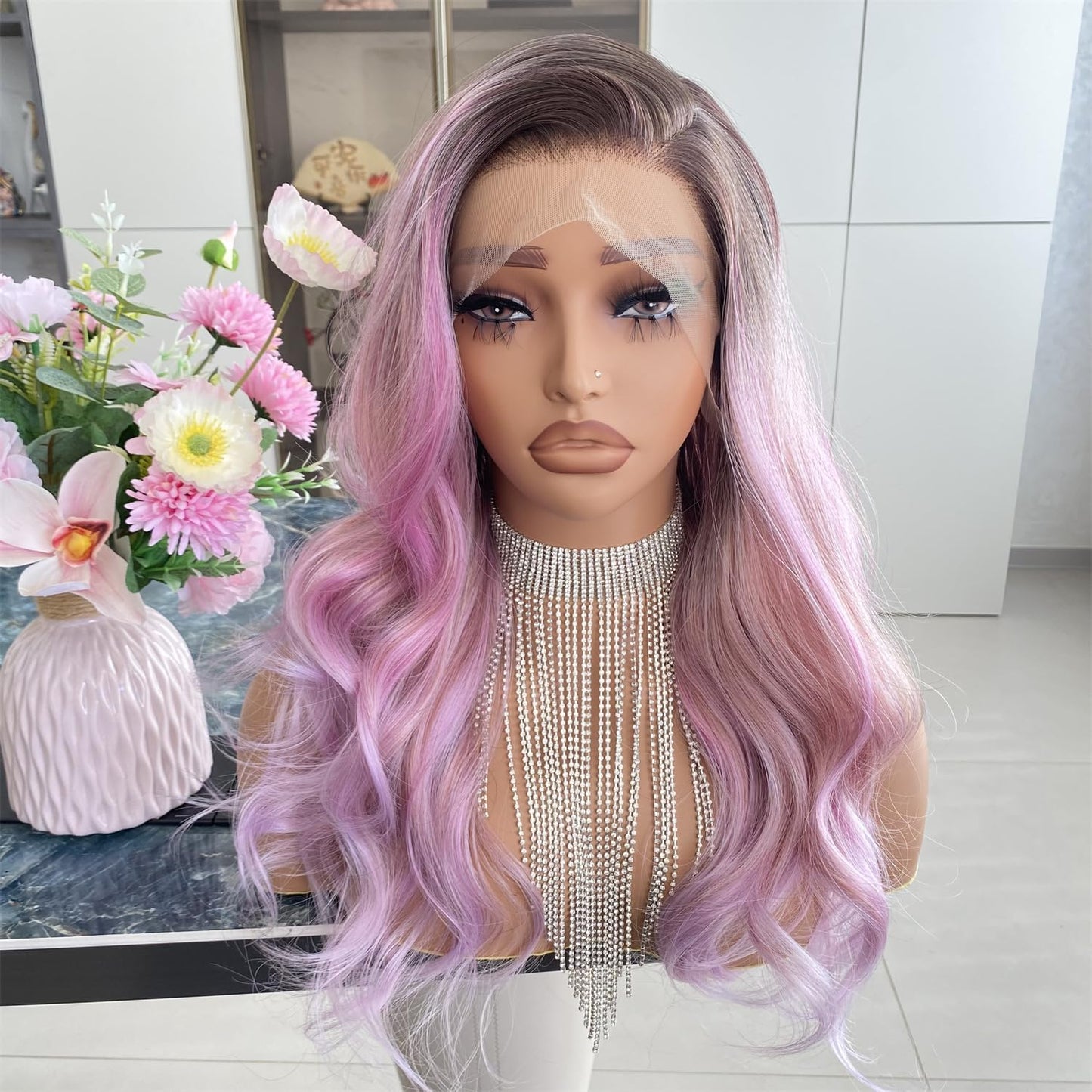 Platinum Brown with Blonde Wig Highlight 13x4 Lace Front Wigs Loose Body Wave Synthetic Fiber Pre Plucked 18Inch for Women