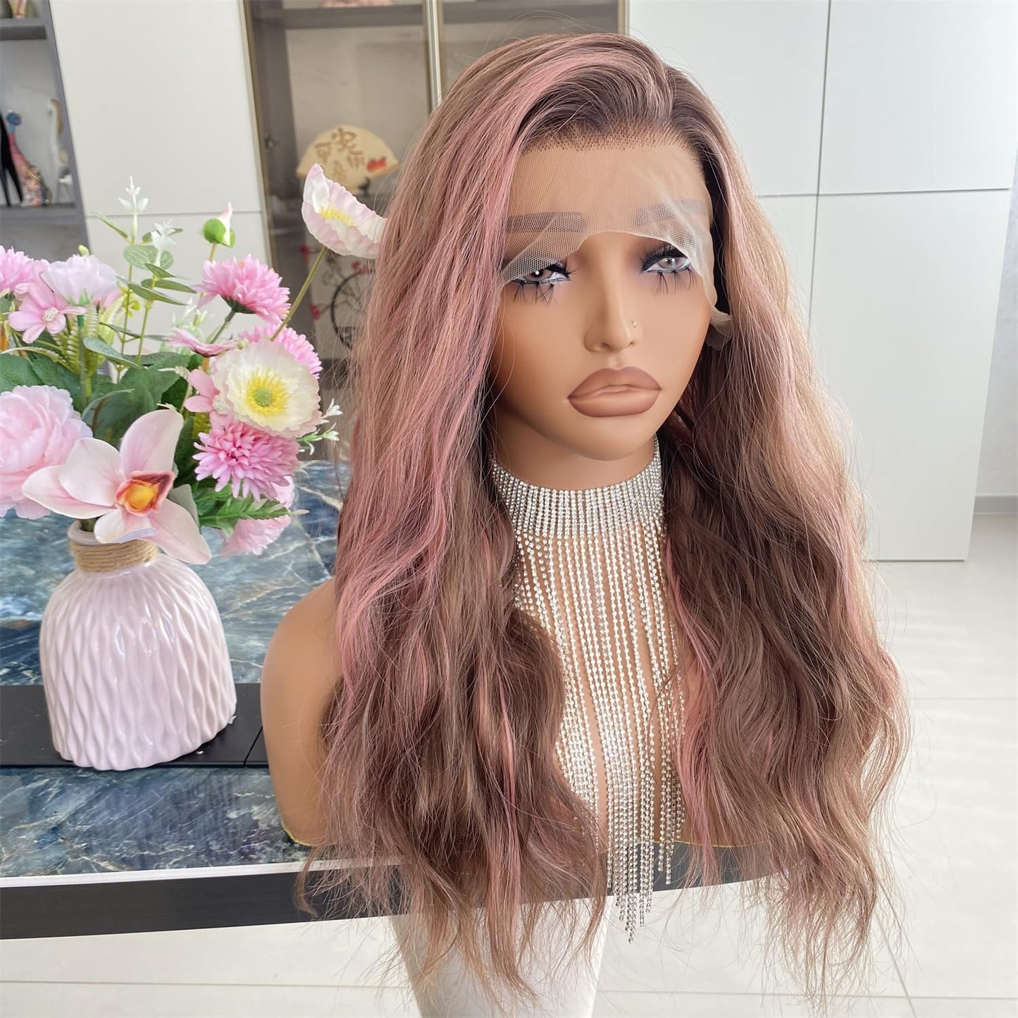 Platinum Brown with Blonde Wig Highlight 13x4 Lace Front Wigs Loose Body Wave Synthetic Fiber Pre Plucked 18Inch for Women