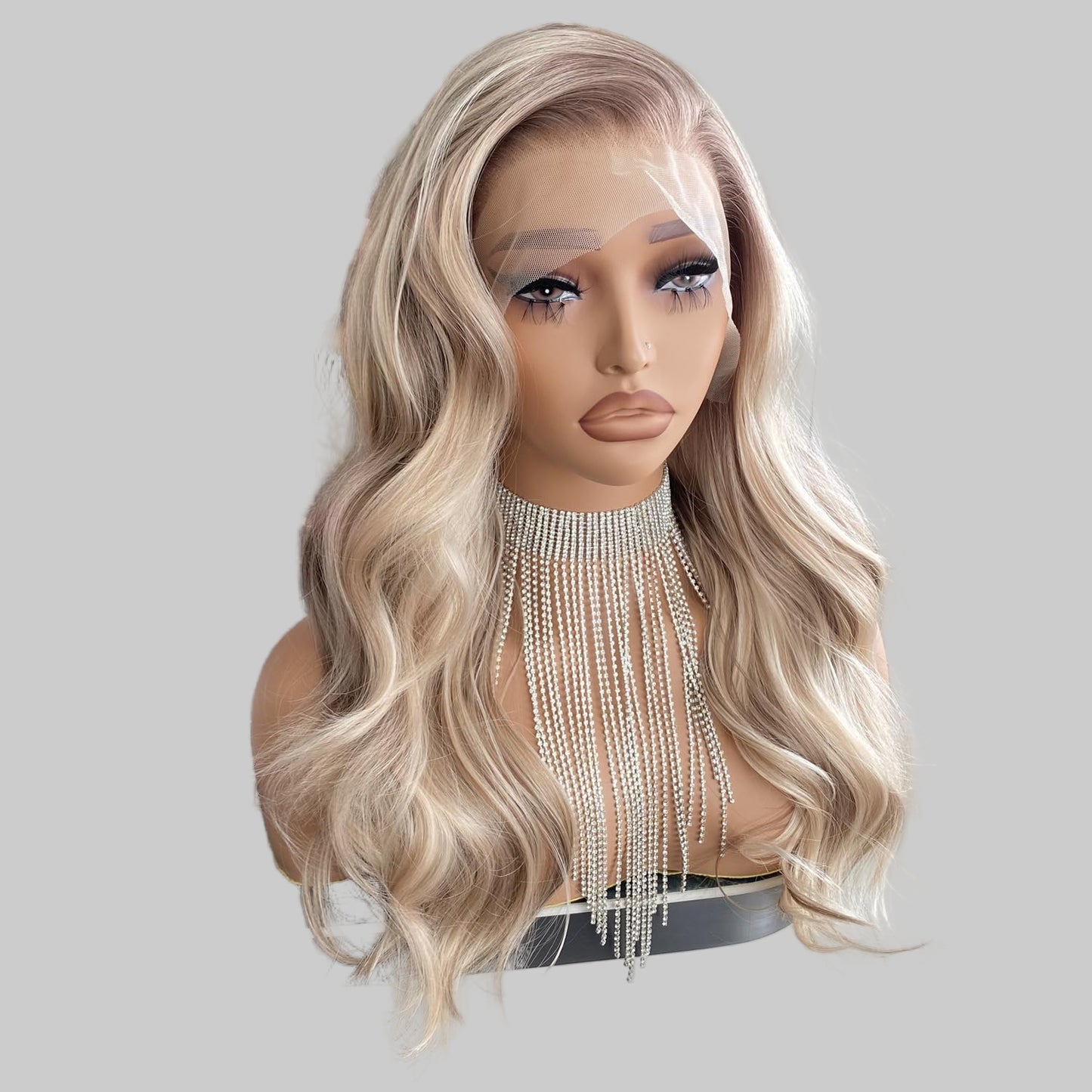 Platinum Brown with Blonde Wig Highlight 13x4 Lace Front Wigs Loose Body Wave Synthetic Fiber Pre Plucked 18Inch for Women