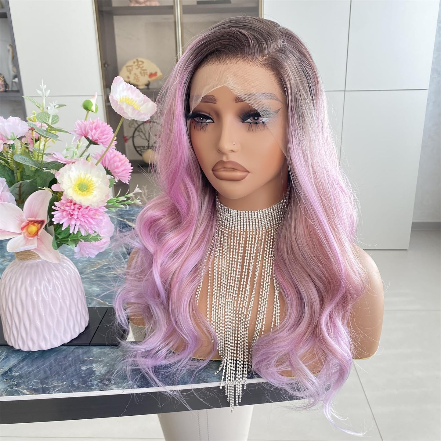 Platinum Brown with Blonde Wig Highlight 13x4 Lace Front Wigs Loose Body Wave Synthetic Fiber Pre Plucked 18Inch for Women