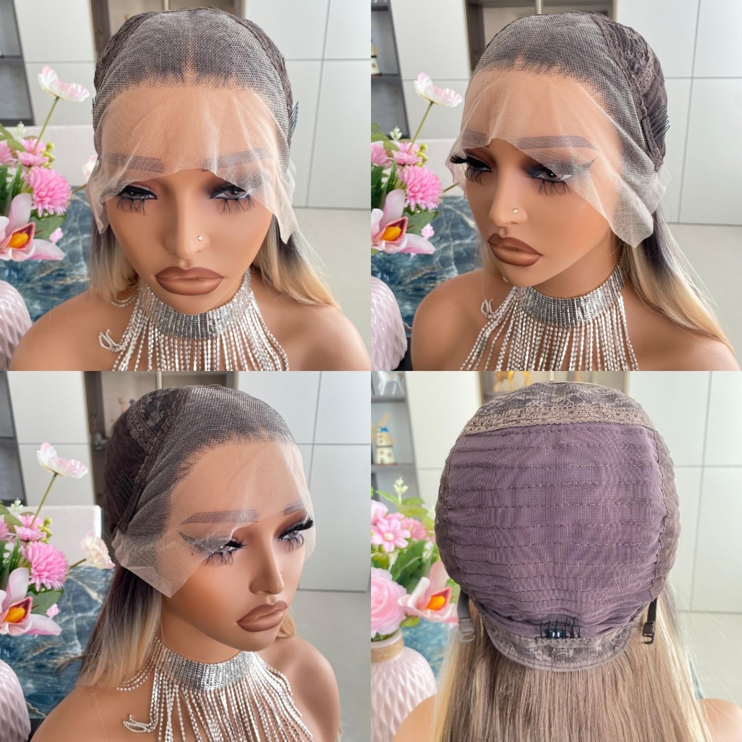 Platinum Brown with Blonde Wig Highlight 13x4 Lace Front Wigs Loose Body Wave Synthetic Fiber Pre Plucked 18Inch for Women