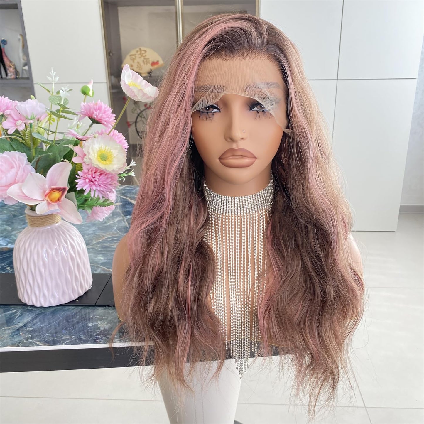 Platinum Brown with Blonde Wig Highlight 13x4 Lace Front Wigs Loose Body Wave Synthetic Fiber Pre Plucked 18Inch for Women